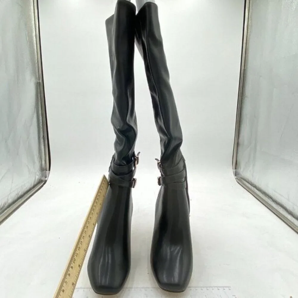 Black Side Zipper Strap Buckle Boots Chunky High Heel Square Toe Ankle Booties